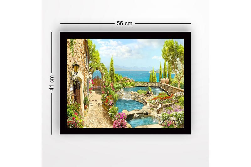 Kehystetty puutaulu canvasille - 41x56 cm - Kaunis puutarha kukka-asetelmilla ja tyynellä veden pinnalla - Vihreä / Vaaleanpunainen / Sininen - Sisustustuotteet - Taulu & taide