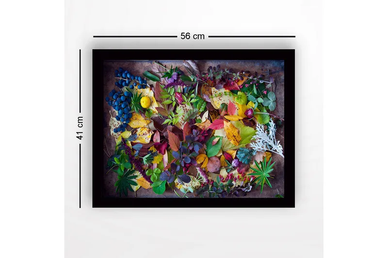 Kehystetty puutaulu canvasille - 41x56 cm - Värikäs kokoelma syksyn lehtiä ja marjoja - Vihreä / Punainen / Keltainen - Sisustustuotteet - Taulu & taide