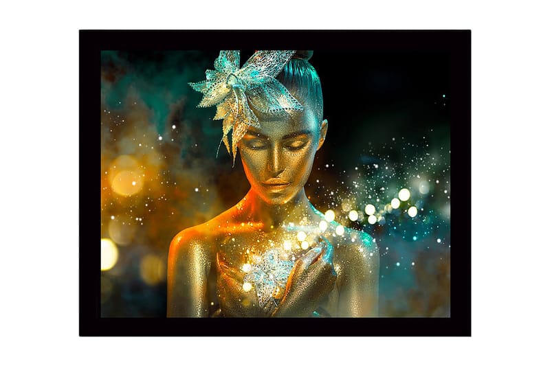 Kehystetty puutaulu canvasille - 41x56 cm - Säihkyvä nainen kultaisella iholla ja kukka hiuksissaan - Kulta / Turkoosi / Oranssi - Sisustustuotteet - Taulu & taide