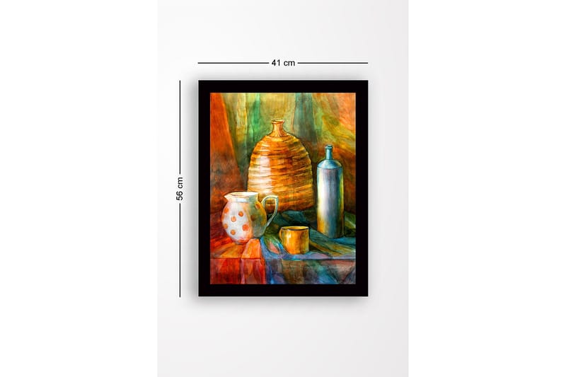 Kehystetty puukangas - 41x56 cm - Asetelma keramiikalla ja lasipulloilla - Oranssi / Vihreä / Sininen - Sisustustuotteet - Taulu & taide