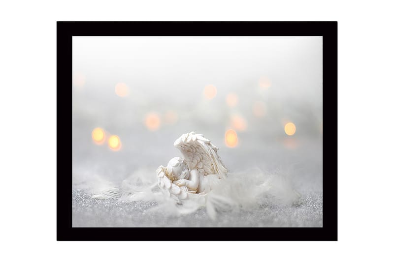 Kehystetty puutaulu canvasille - 41x56 cm - Suloinen enkeli lepää höyhenpedissä, Valkoinen / Vaaleanharmaa / Kulta