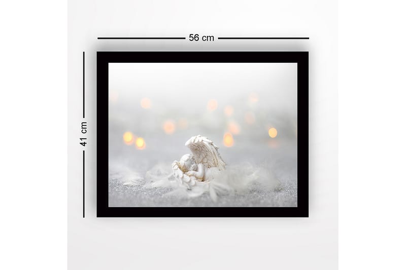 Kehystetty puutaulu canvasille - 41x56 cm - Suloinen enkeli lepää höyhenpedissä - Valkoinen / Vaaleanharmaa / Kulta - Sisustustuotteet - Taulu & taide