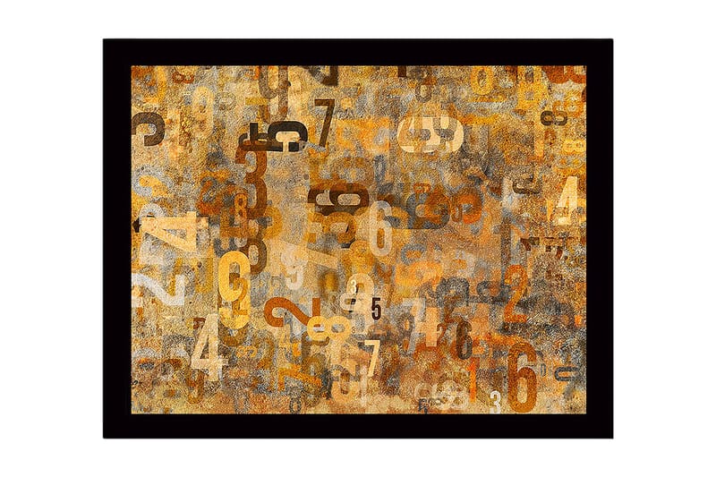 Kehystetty puukangas - 41x56 cm - Abstrakti sommitelma erikokoisilla numeroilla, Kulta / Ruskea / Beige