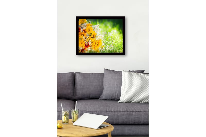 Kehystetty puutaulu canvasille - 41x56 cm - Värikäs kelta-valkoinen kukkakimppu - Keltainen / Valkoinen - Sisustustuotteet - Taulu & taide