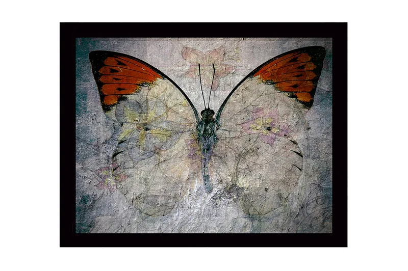 Kehystetty puucanvas - 41x56 cm - Värikäs perhonen kukka-aiheella, Oranssi / Vaaleanharmaa / Vihreä