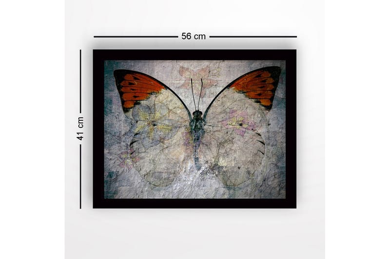 Kehystetty puucanvas - 41x56 cm - Värikäs perhonen kukka-aiheella - Oranssi / Vaaleanharmaa / Vihreä - Sisustustuotteet - Taulu & taide
