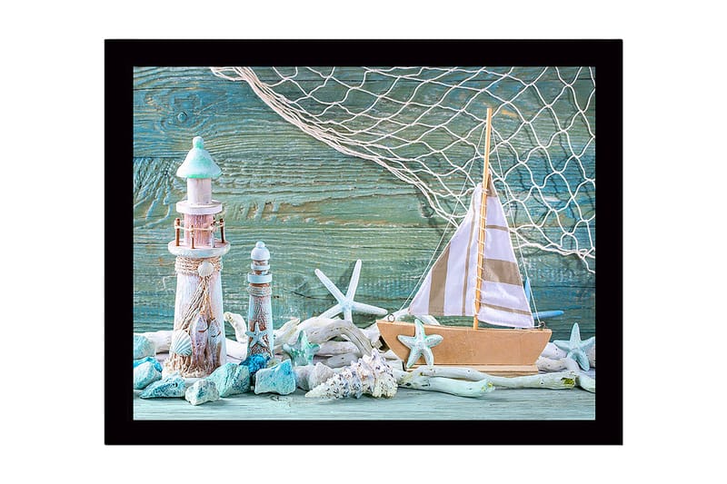 Kehystetty puukangas - 41x56 cm - Merimaisema purjeveneellä ja majakoilla, Turkoosi / Valkoinen / Beige