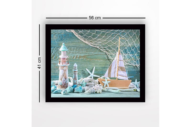 Kehystetty puukangas - 41x56 cm - Merimaisema purjeveneellä ja majakoilla - Turkoosi / Valkoinen / Beige - Sisustustuotteet - Taulu & taide