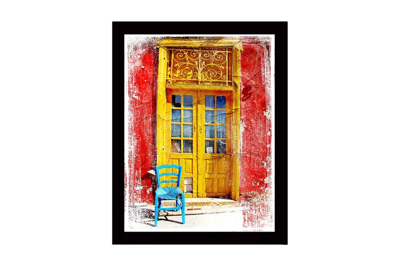 Kehystetty puinen canvas-taulu - 41x56 cm - Kultainen ovi ja sininen tuoli edessä punaisella seinällä, Keltainen / Sininen / Punainen