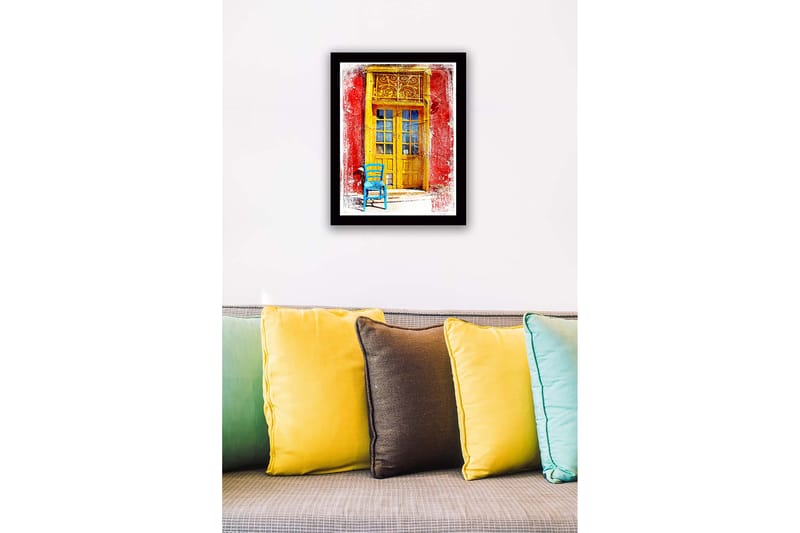 Kehystetty puinen canvas-taulu - 41x56 cm - Kultainen ovi ja sininen tuoli edessä punaisella seinällä - Keltainen / Sininen / Punainen - Sisustustuotteet - Taulu & taide