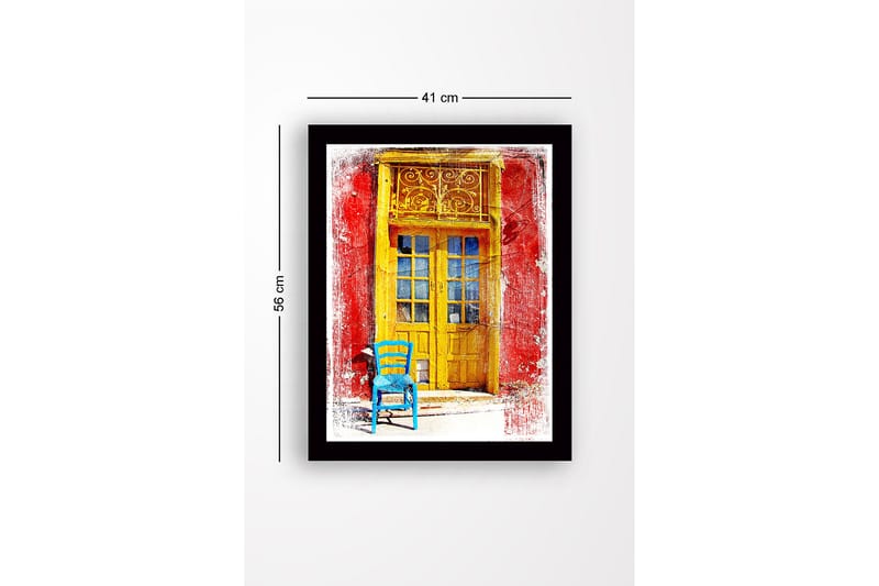 Kehystetty puinen canvas-taulu - 41x56 cm - Kultainen ovi ja sininen tuoli edessä punaisella seinällä - Keltainen / Sininen / Punainen - Sisustustuotteet - Taulu & taide