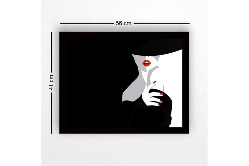 Kehystetty puutaulu canvasille - 41x56 cm - Aistillinen nainen punaisella huulipunalla ja mustalla hatulla - Musta / Valkoinen / Punainen - Sisustustuotteet - Taulu & taide