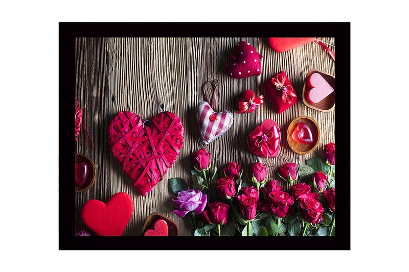 Kehystetty puinen canvas-taulu - 41x56 cm - Romanttinen kokoelma sydämenmuotoisia koristeita ja ruusuja, Punainen / Vaaleanpunainen / Vihreä