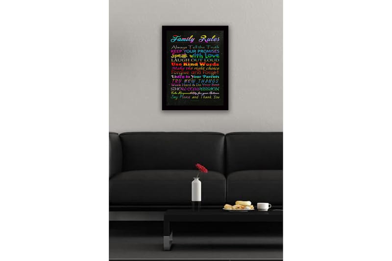 Kehystetty puutaulu canvasille - 41x56 cm - Värikäs maalaus perhesäännöillä eri fonteilla - Punainen / Sininen / Vihreä - Sisustustuotteet - Taulu & taide