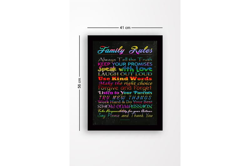 Kehystetty puutaulu canvasille - 41x56 cm - Värikäs maalaus perhesäännöillä eri fonteilla - Punainen / Sininen / Vihreä - Sisustustuotteet - Taulu & taide