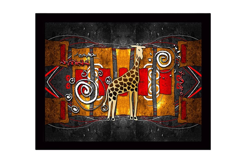 Kehystetty puutaulu canvasille - 41x56 cm - Kirahvi värikkäässä, abstraktissa sommitelmassa, Kulta / Punainen / Musta