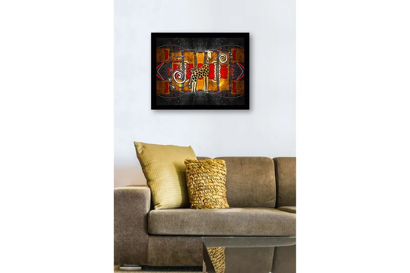 Kehystetty puutaulu canvasille - 41x56 cm - Kirahvi värikkäässä, abstraktissa sommitelmassa - Kulta / Punainen / Musta - Sisustustuotteet - Taulu & taide