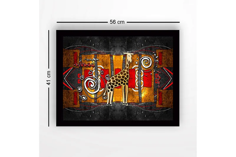 Kehystetty puutaulu canvasille - 41x56 cm - Kirahvi värikkäässä, abstraktissa sommitelmassa - Kulta / Punainen / Musta - Sisustustuotteet - Taulu & taide