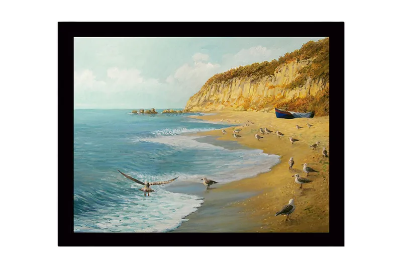 Kehystetty puutaulu canvasille - 41x56 cm - Rantamaisema lokkeilla ja veneellä rannikolla, Sininen / Beige / Vihreä