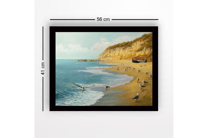 Kehystetty puutaulu canvasille - 41x56 cm - Rantamaisema lokkeilla ja veneellä rannikolla - Sininen / Beige / Vihreä - Sisustustuotteet - Taulu & taide