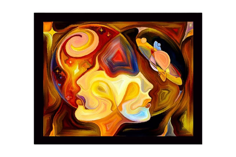 Kehystetty puukangas - 41x56 cm - Abstrakti muotokuva kahdesta kasvosta kosmisilla elementeillä, Kulta / Oranssi / Ruskea