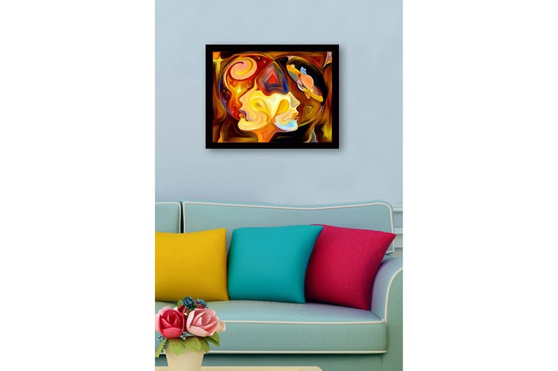 Kehystetty puukangas - 41x56 cm - Abstrakti muotokuva kahdesta kasvosta kosmisilla elementeillä - Kulta / Oranssi / Ruskea - Sisustustuotteet - Taulu & taide