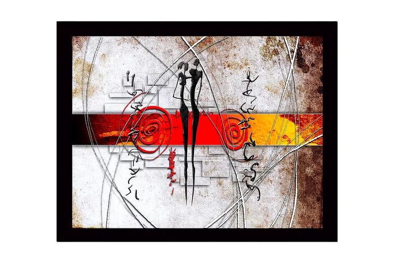 Kehystetty puukangas - 41x56 cm - Abstrakti sommitelma, jossa kaksi tyyliteltyä hahmoa vuorovaikuttavat, Punainen / Musta / Oranssi