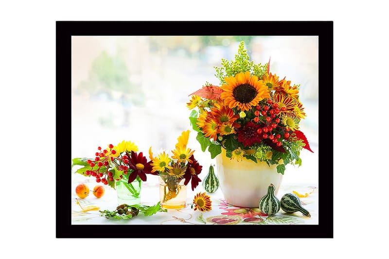 Kehystetty puupohja - 41x56 cm - Värikäs auringonkukkien ja syyskukkien kimppu, Keltainen / Punainen / Vihreä