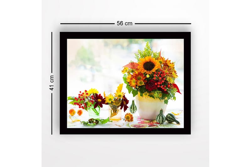 Kehystetty puupohja - 41x56 cm - Värikäs auringonkukkien ja syyskukkien kimppu - Keltainen / Punainen / Vihreä - Sisustustuotteet - Taulu & taide