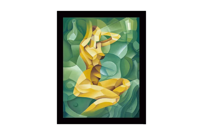 Kehystetty puucanvas - 41x56 cm - Abstrakti naisen hahmo kurvikkaassa sommitelmassa, Vihreä / Keltainen / Vaaleanvihreä