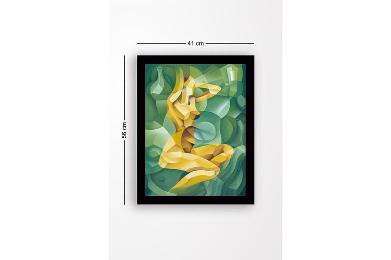 Kehystetty puucanvas - 41x56 cm - Abstrakti naisen hahmo kurvikkaassa sommitelmassa - Vihreä / Keltainen / Vaaleanvihreä - Sisustustuotteet - Taulu & taide