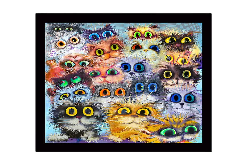 Kehystetty puutaulu canvasille - 41x56 cm - Värikäs kokoelma kissan naamoja suurilla silmillä, Oranssi / Musta / Sininen