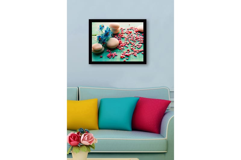 Kehystetty puukangas - 41x56 cm - Kiviasetelma sinisillä kukilla ja vaaleanpunaisilla kivillä - Sininen / Vaaleanpunainen / Harmaa - Sisustustuotteet - Taulu & taide