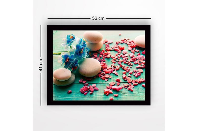 Kehystetty puukangas - 41x56 cm - Kiviasetelma sinisillä kukilla ja vaaleanpunaisilla kivillä - Sininen / Vaaleanpunainen / Harmaa - Sisustustuotteet - Taulu & taide