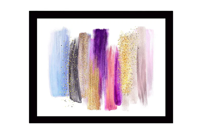 Kehystetty puukangas - 41x56 cm - Värikäs abstrakti sommitelma siveltimenvedoilla ja kimallustehosteilla, Vaaleansininen / Violetti / Kulta