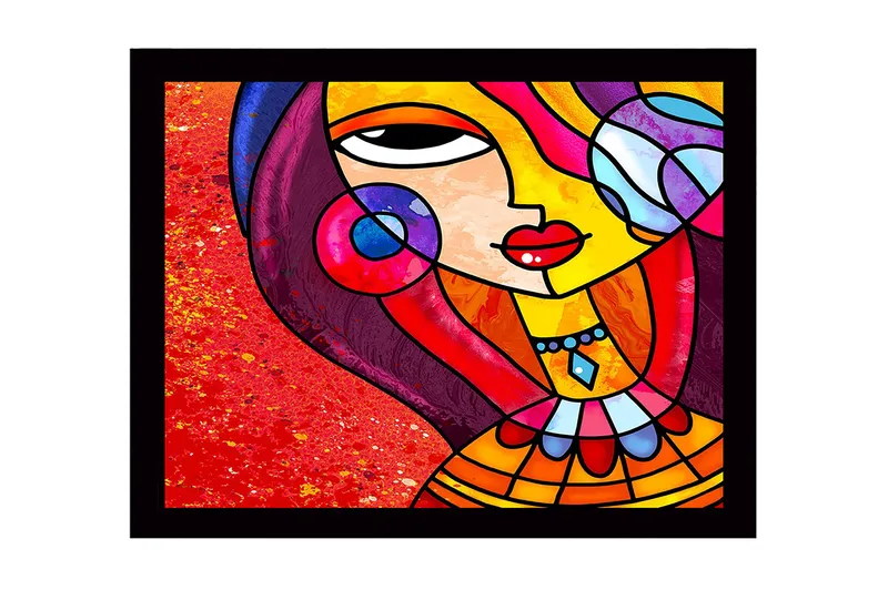 Kehystetty puutaulu canvasille - 41x56 cm - Värikäs nainen tyylitellyillä kasvoilla ja koruilla, Punainen / Keltainen / Violetti