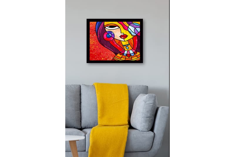 Kehystetty puutaulu canvasille - 41x56 cm - Värikäs nainen tyylitellyillä kasvoilla ja koruilla - Punainen / Keltainen / Violetti - Sisustustuotteet - Taulu & taide