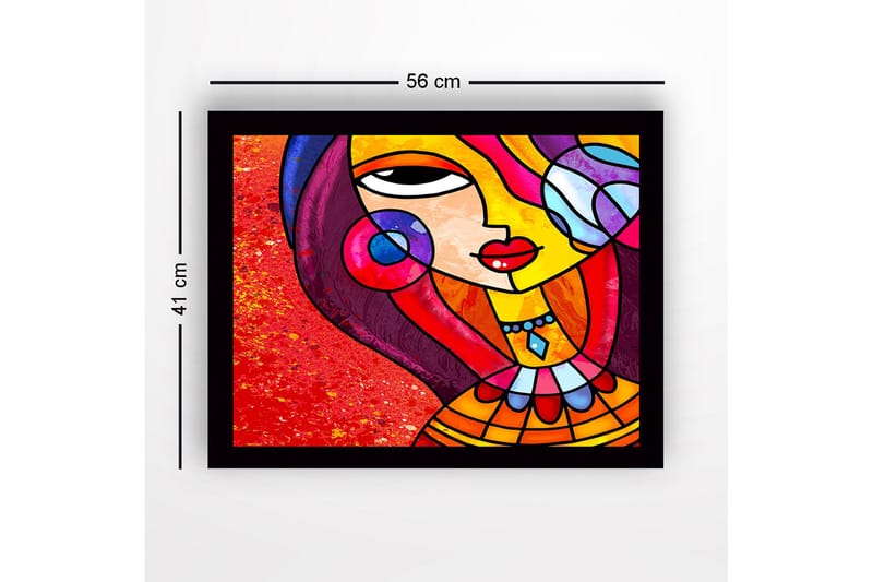 Kehystetty puutaulu canvasille - 41x56 cm - Värikäs nainen tyylitellyillä kasvoilla ja koruilla - Punainen / Keltainen / Violetti - Sisustustuotteet - Taulu & taide