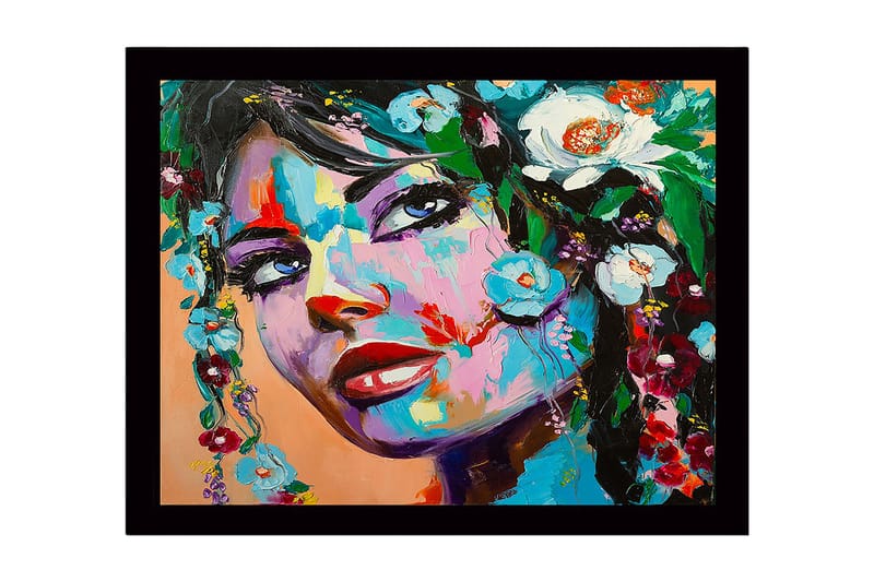 Kehystetty puucanvas - 41x56 cm - Muotokuva naisesta, jolla on kukkakoristeita hiuksissaan, Sininen / Vihreä / Punainen