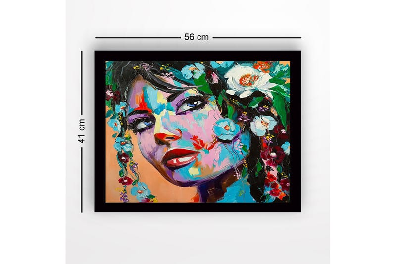 Kehystetty puucanvas - 41x56 cm - Muotokuva naisesta, jolla on kukkakoristeita hiuksissaan - Sininen / Vihreä / Punainen - Sisustustuotteet - Taulu & taide