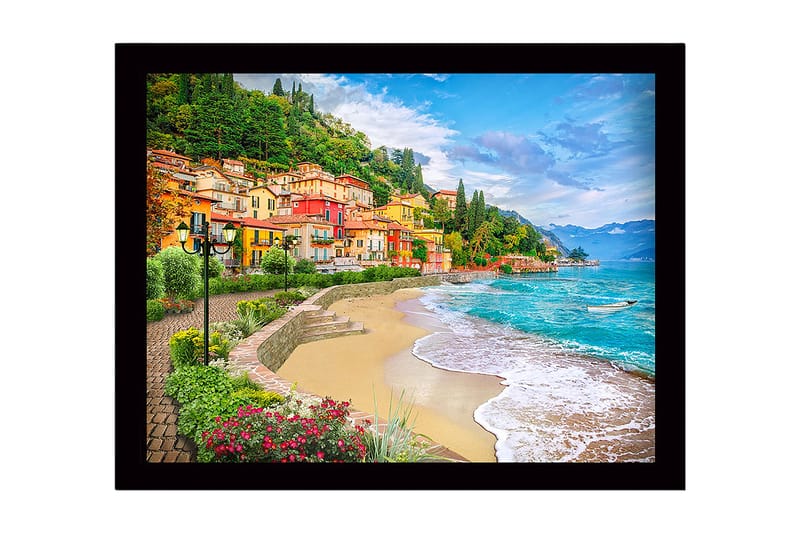 Kehystetty puutaulu canvasille - 41x56 cm - Kaunis rannikko värikkäine taloineen ja rehevine maisemineen, Sininen / Vihreä / Keltainen