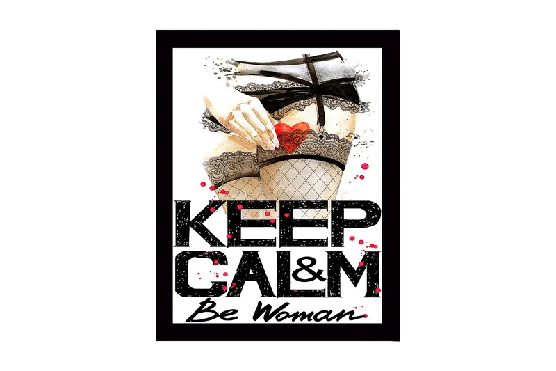 Kehystetty puutaulu canvasille - 41x56 cm - Provosoiva aihe, jossa käsi pitelee sydäntä sukkahousuissa, Punainen / Musta / Beige