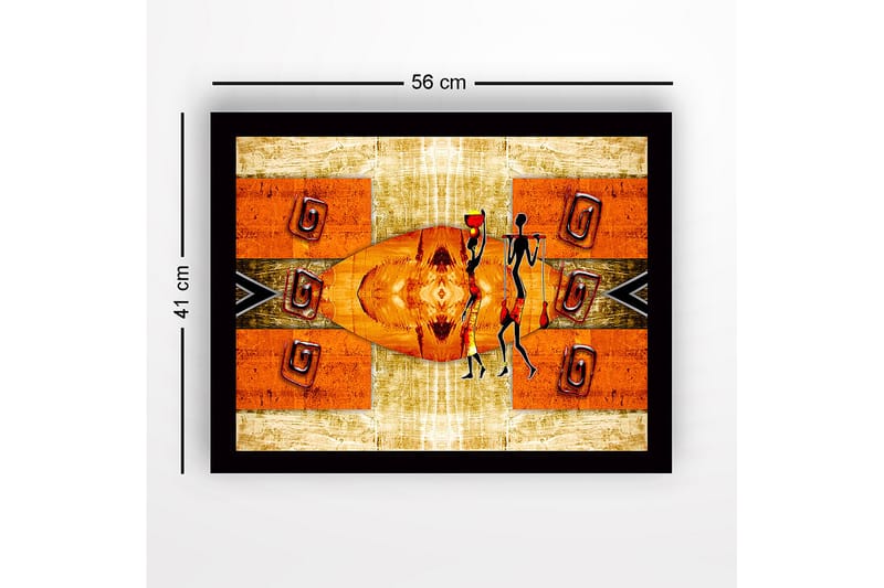 Kehystetty puukangas - 41x56 cm - Abstrakti maisema tyylitellyistä hahmoista, jotka kantavat vesiruukkuja - Oranssi / Musta / Beige - Sisustustuotteet - Taulu & taide