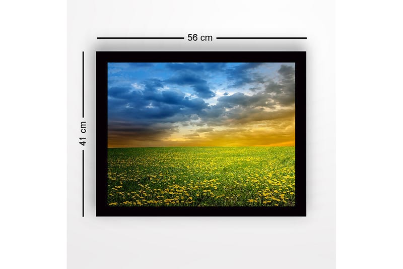 Kehystetty puinen canvas-taulu - 41x56 cm - Kukkiva niitty keltaisten voikukkien kanssa dramaattisen taivaan alla - Keltainen / Sininen / Vihreä - Sisustustuotteet - Taulu & taide