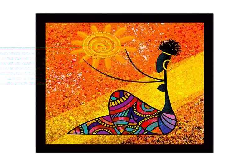 Kehystetty puutaulu canvas-taululla - 41x56 cm - Nainen pitelee aurinkoa värikkäillä kuvioilla, Oranssi / Musta / Keltainen
