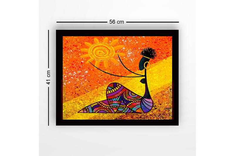 Kehystetty puutaulu canvas-taululla - 41x56 cm - Nainen pitelee aurinkoa värikkäillä kuvioilla - Oranssi / Musta / Keltainen - Sisustustuotteet - Taulu & taide
