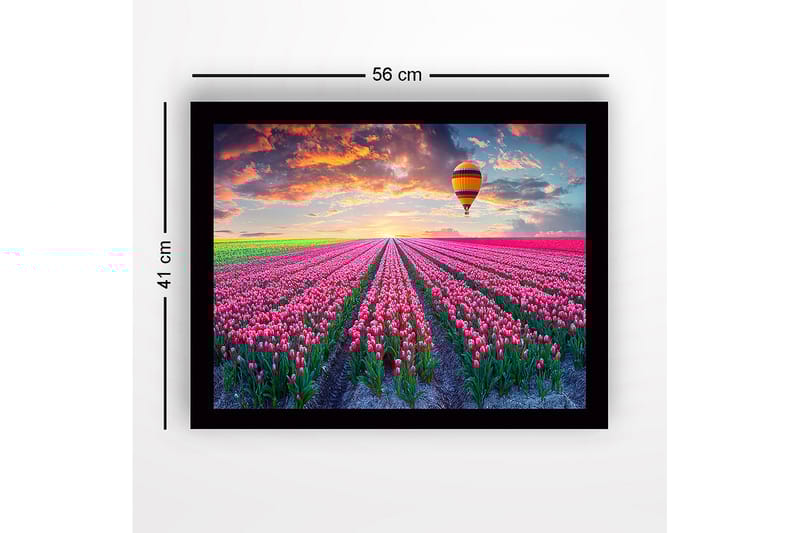 Kehystetty puinen canvas-taulu - 41x56 cm - Värikkäiden tulppaanien pelto ilmapallon alla auringonlaskun aikaan - Vaaleanpunainen / Vihreä / Oranssi - Sisustustuotteet - Taulu & taide