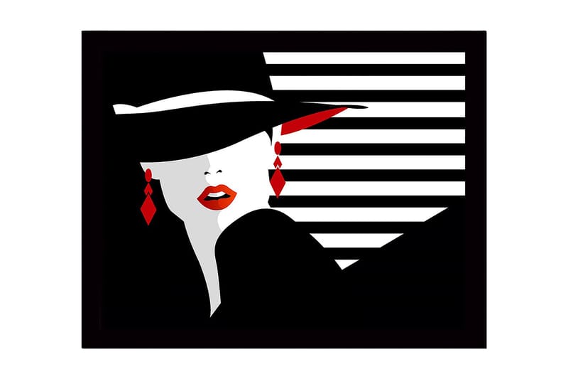 Kehystetty puutaulu canvasille - 41x56 cm - Tyylitelty nainen hattu ja punaiset huulet, Musta / Valkoinen / Punainen