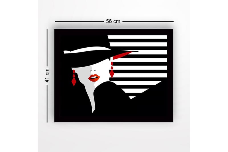 Kehystetty puutaulu canvasille - 41x56 cm - Tyylitelty nainen hattu ja punaiset huulet - Musta / Valkoinen / Punainen - Sisustustuotteet - Taulu & taide