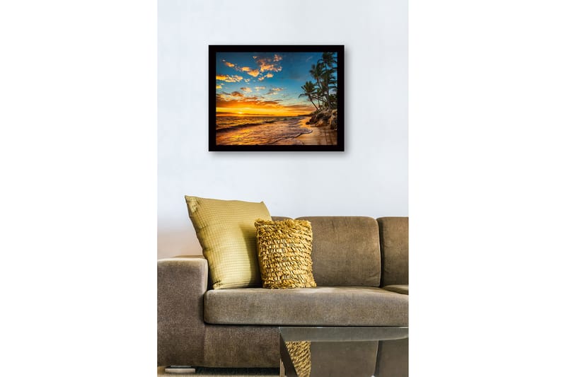 Kehystetty puutaulu canvasille - 41x56 cm - Auringonlasku rannalla palmujen ja aaltojen keskellä - Oranssi / Sininen / Vihreä - Sisustustuotteet - Taulu & taide